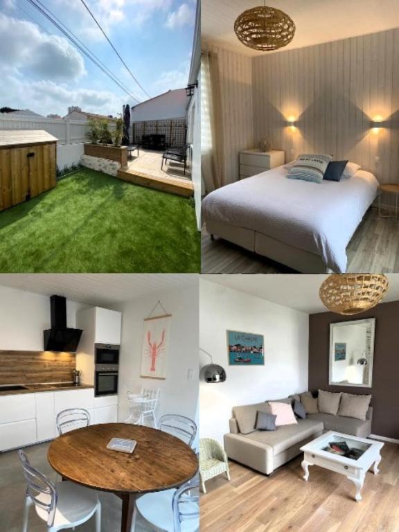 une chambre et un salon avec un lit et une table dans l'établissement La Lezardiere a deux pas des quais, à Les Sables-dʼOlonne