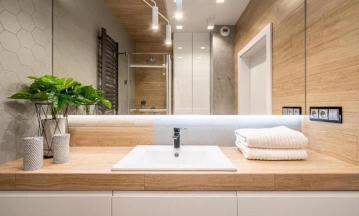 a bathroom with a sink and a mirror at Reynk aparts in Wrocław