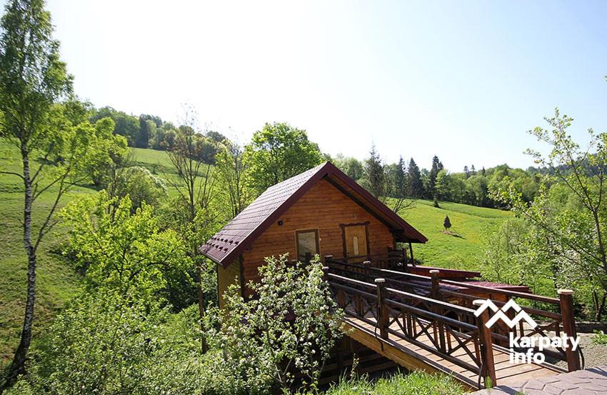 a small wooden cabin on a bridge in a field at Буковий гай & ЧАН in Oryavchyk