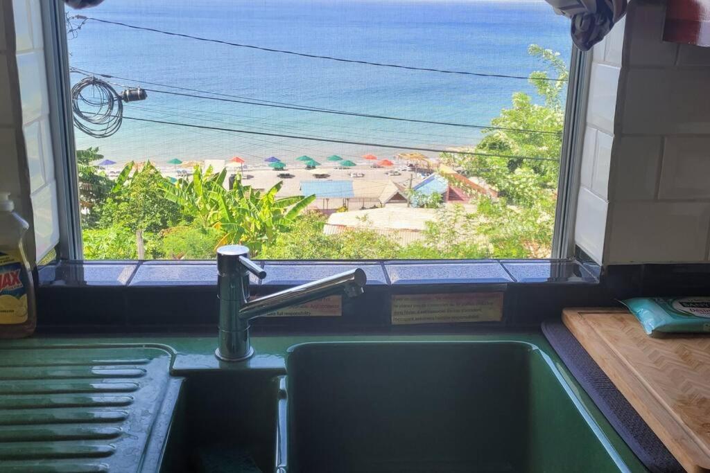 ein Waschbecken und ein Fenster mit Meerblick in der Unterkunft Dominica beach vacation rental in Roseau