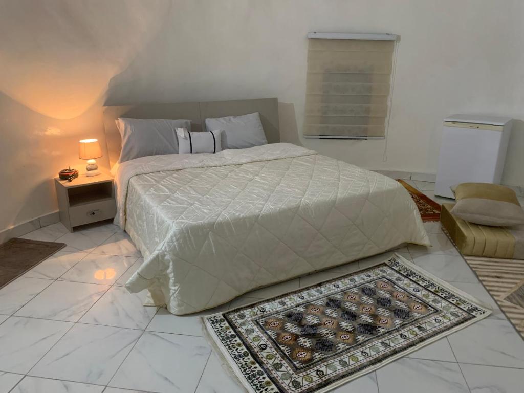 1 dormitorio con 1 cama y 1 mesa con lámpara en Auberge oued Illij, en Atar