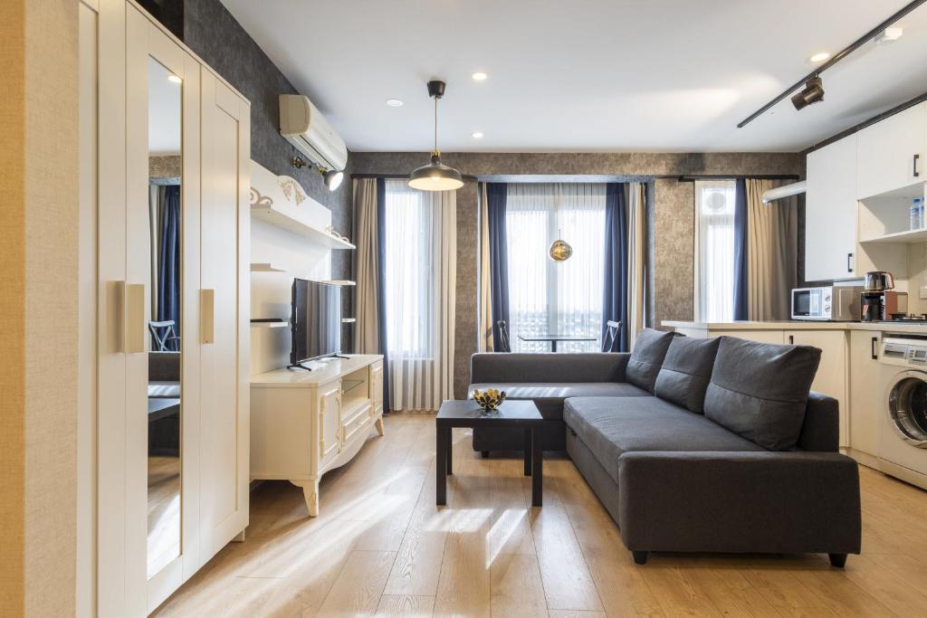 Il comprend un salon avec un canapé gris et une cuisine. dans l'établissement The Business Class Suit Karakoy, à Istanbul