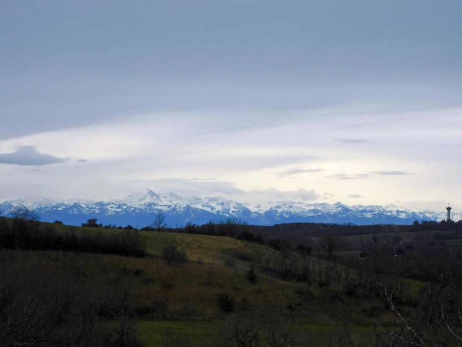 vistas a las montañas cubiertas de nieve en un campo en Gîte Birdy - Vue sur les Pyrénées, en Lamazère