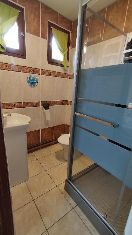 a bathroom with a toilet and a glass shower door at Résidence L&#39;Ogomé in Le Boupère