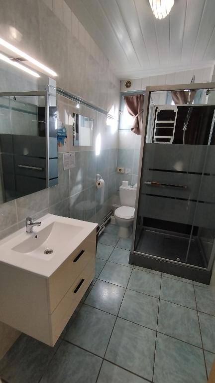 a bathroom with a sink and a shower and a toilet at Résidence L&#39;Ogomé in Le Boupère