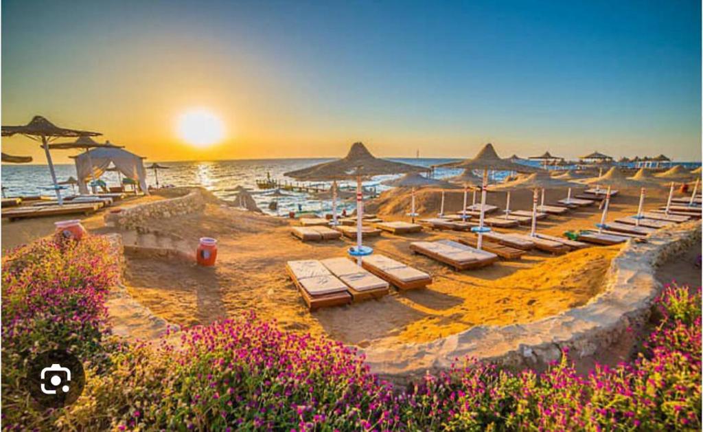 a beach with lounge chairs and umbrellas and the ocean at Naama bay apartment in Sharm El Sheikh