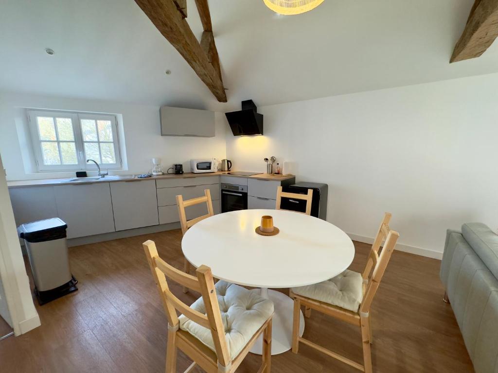 a kitchen and a table and chairs in a room at Appartement Le Voltaire centre ville climatisé in Saumur
