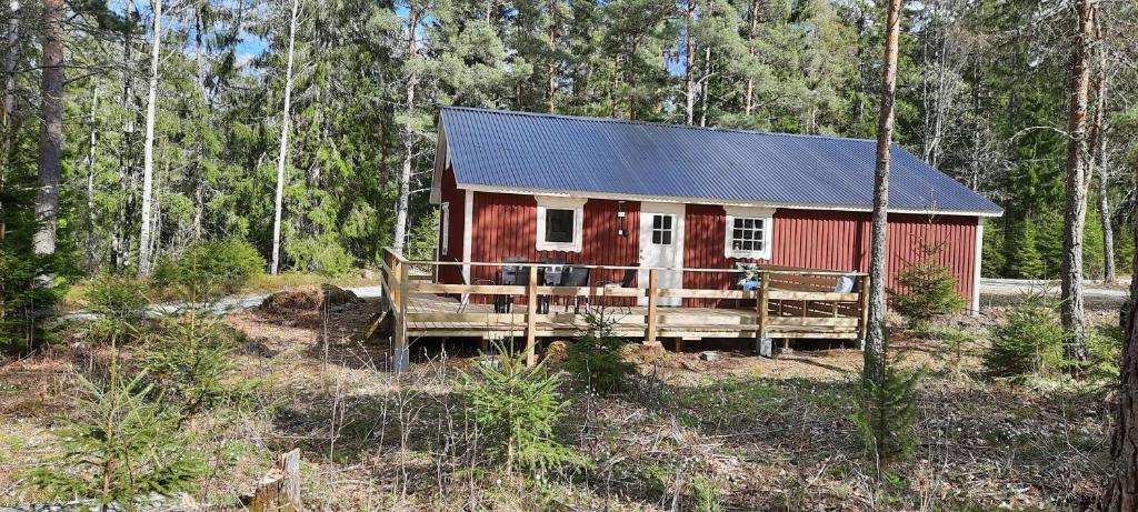 a red cabin in the middle of a forest at Davids Stuga in Klässbol