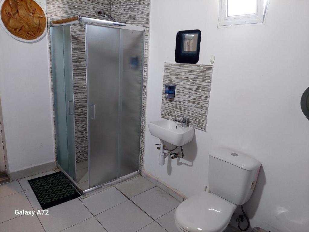 een badkamer met een douche, een toilet en een wastafel bij Cottage Heights in Nicosia