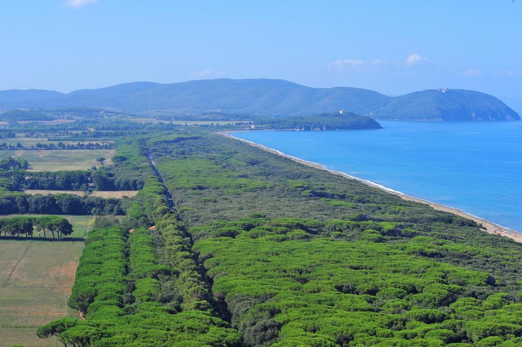 an aerial view of a farm with water and trees at Hotel Aurora in San Vincenzo