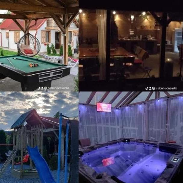 a collage of four pictures of a pool table at Cabana Casa Dia in Sadu