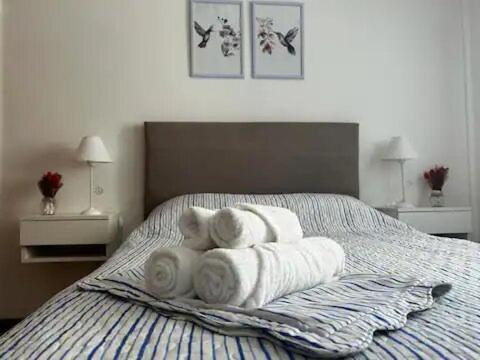 a pile of towels sitting on top of a bed at La Plaza Lobos Apartment in Lobos