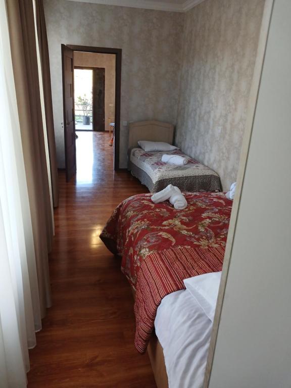 Duas camas num quarto com um espelho em Guest house Nano em Martvili