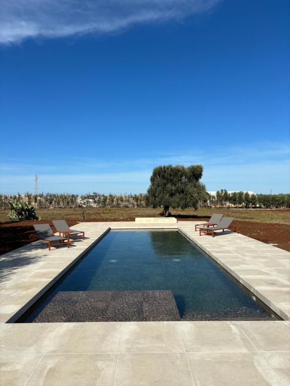 einen Pool mit zwei Stühlen und zwei Bänken in der Unterkunft Villa Narducci in Montalbano