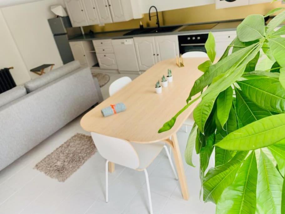 - une table et des chaises en bois dans une cuisine avec une plante dans l'établissement Appart proche Paris, Disneyland+la Vallée Village., à Villiers-sur-Marne