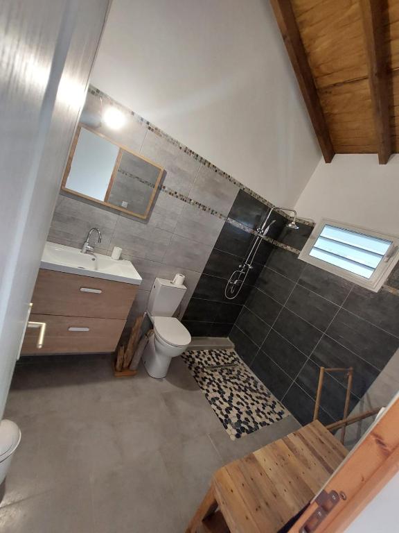 uma casa de banho com um chuveiro, um WC e um lavatório. em Location Liliane em Bouillante
