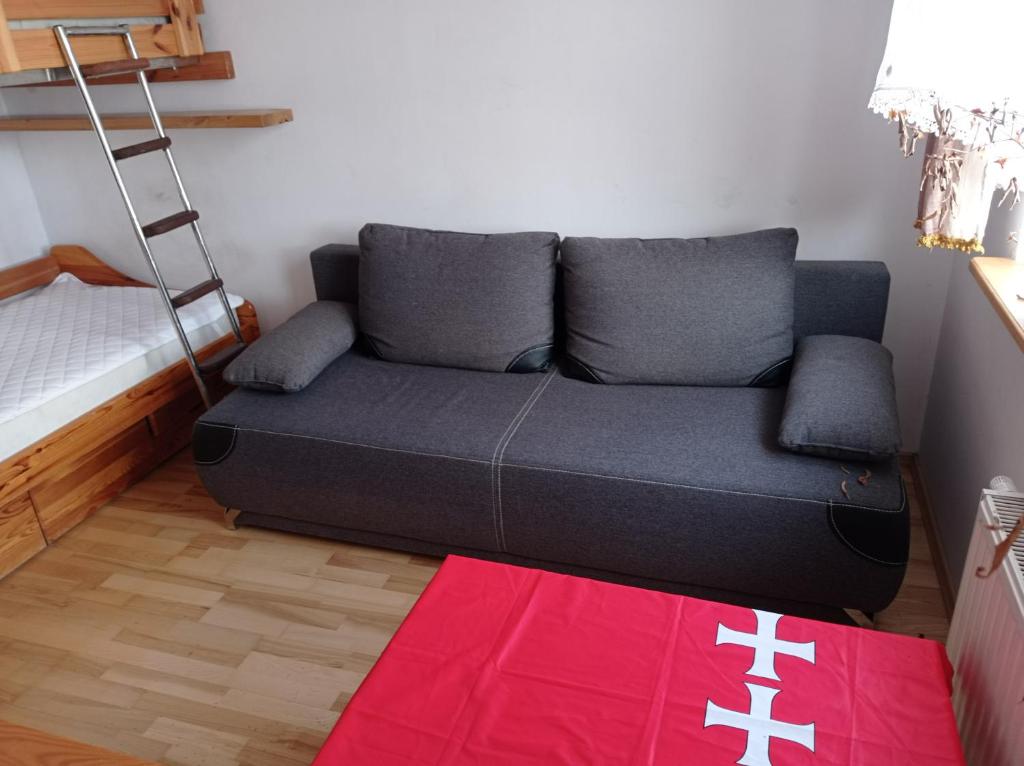 a couch in a living room with a red rug at Gdańsk Mieszkanie parter Marine in Gdańsk