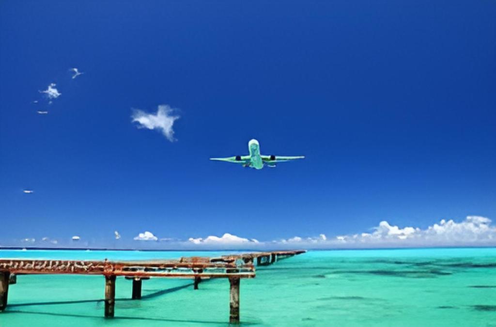 an airplane is flying over a dock in the ocean at AVAHOUSE アバハウス in Miyako Island