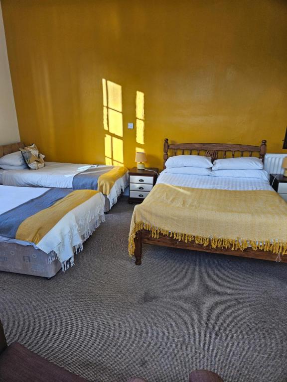 a bedroom with two beds and a yellow wall at Bonny Moor Hen in Stanhope