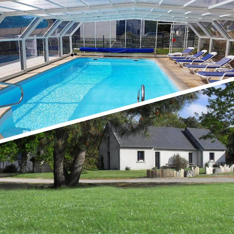 a large swimming pool with chairs and a house at Studios - Location de vacances Le Trécelin in Plévenon