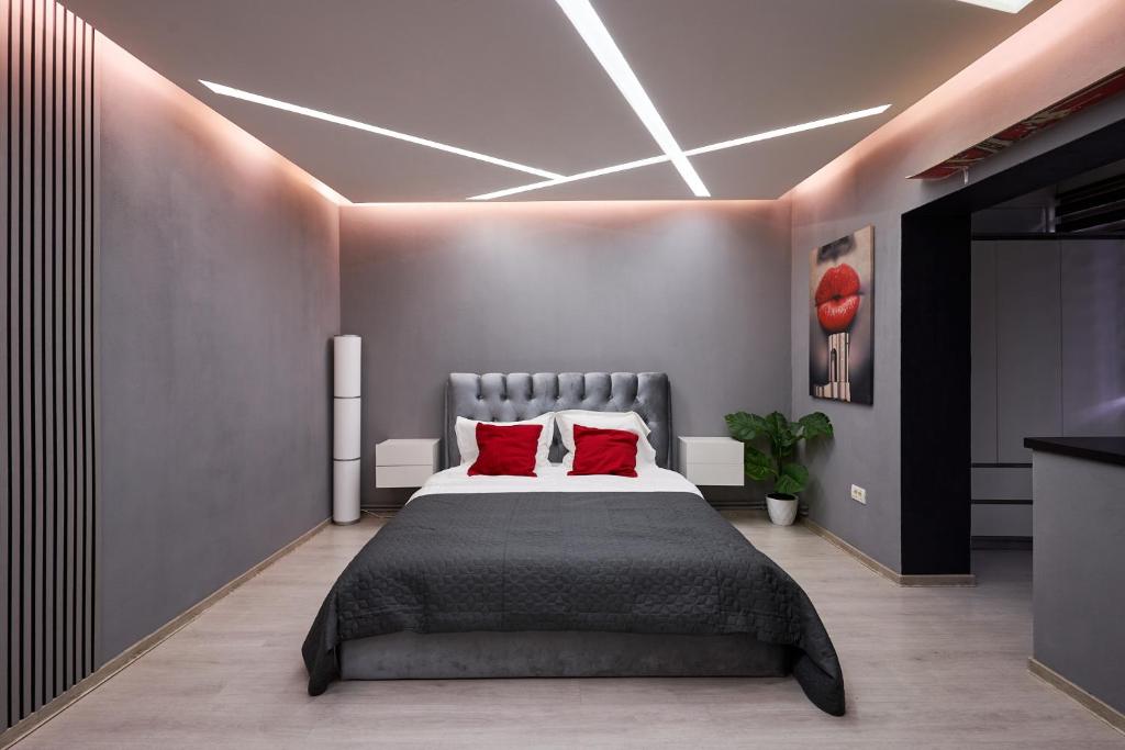 a bedroom with a bed with two red pillows at Modern Studio Escape in Timişoara