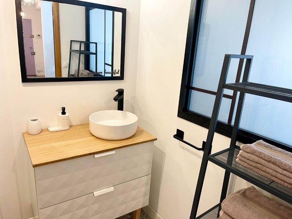 a bathroom with a sink and a mirror at Moderne T2 - Nancy gare (200m) - Wifi - Netflix in Nancy