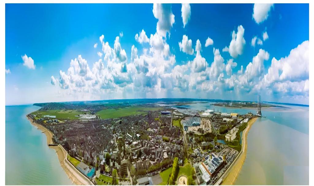 an aerial view of a city on the water at HARTS Holiday Park Home in Leysdown-on-Sea