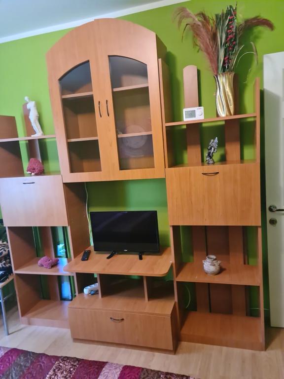 estantería de libros con ordenador y escritorio en Garsoniera MAIA Slănic-Moldova, en Slănic-Moldova