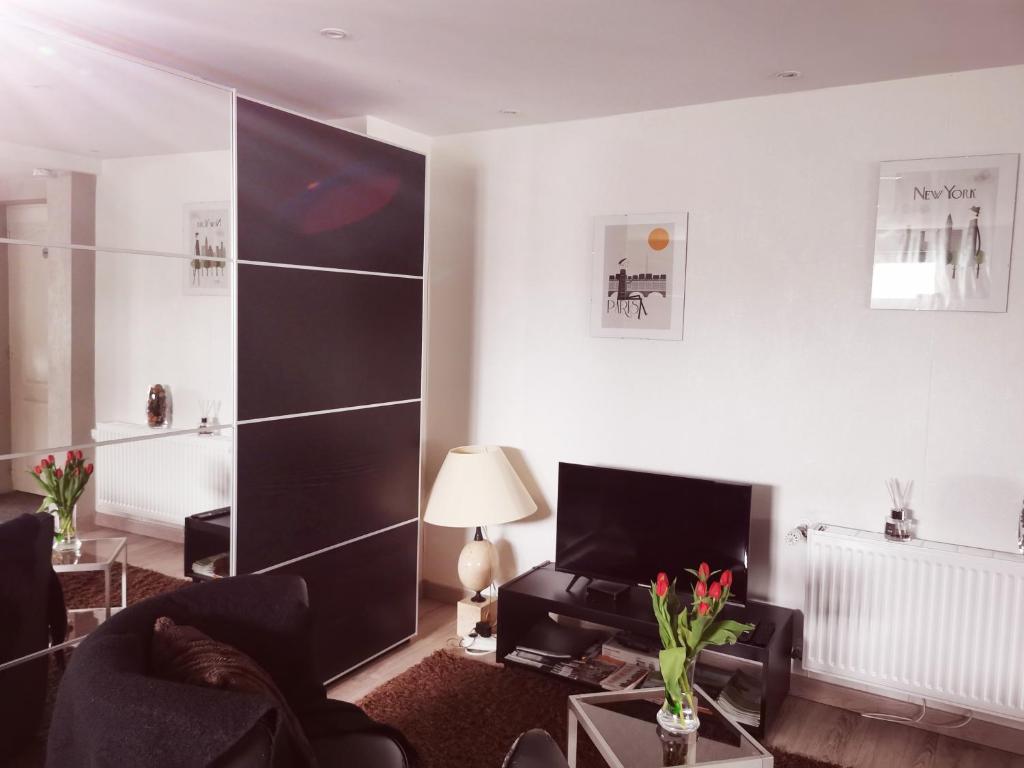 a living room with a couch and a tv at Gite au vieux chêne ( proximité de Forbach57) in Folkling