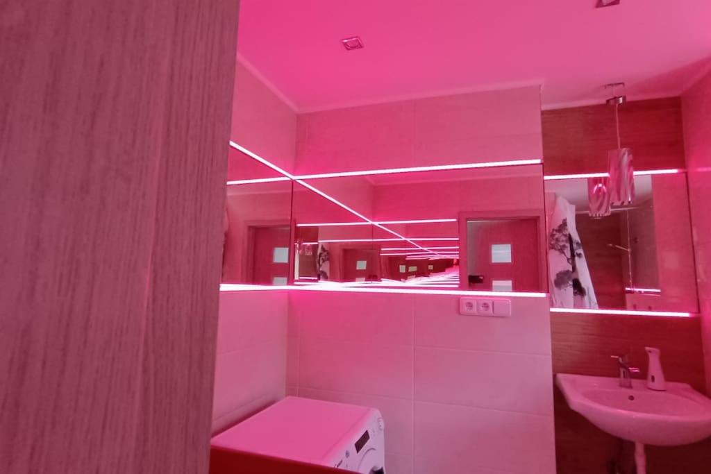 バンスカー・ビストリツァにあるMestsky byt-City Flatのピンクのバスルーム(シンク、トイレ付)