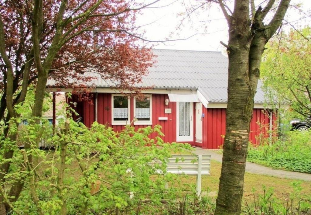 a red house with a white window at Gemütliches Ferienhaus in Rott mit Sauna, Grill und Terrasse in Extertal