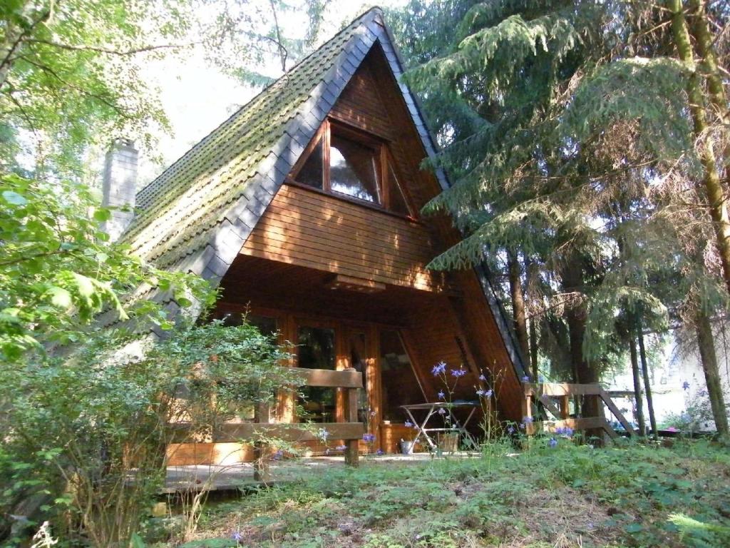 a cabin in the woods with a thatched roof at Nurdachferienhaus in ruhiger Lage, auf einem naturbelassenem Grundstück mit nahegelegener Angelmöglichkeit - b48731 in Wienhausen