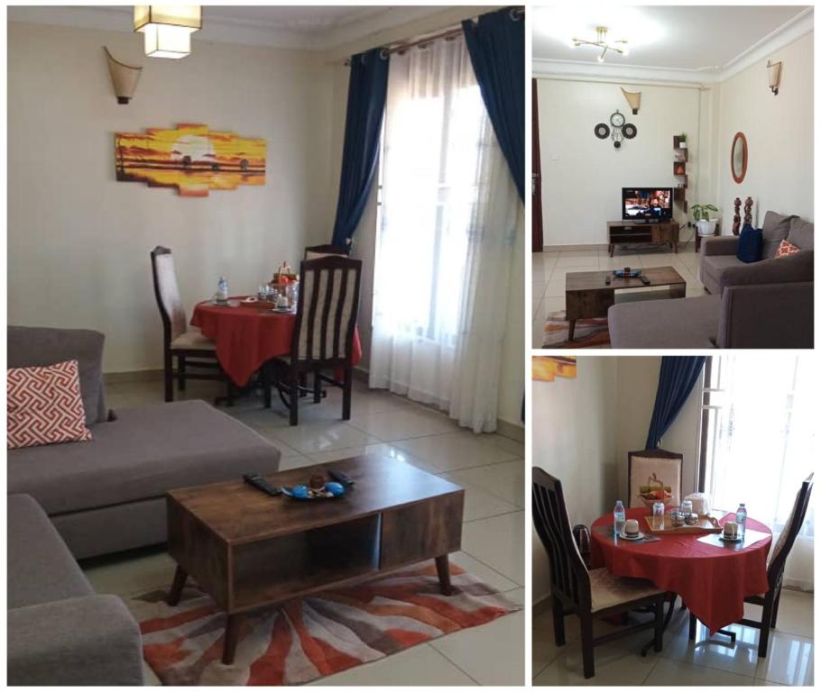 a living room with a couch and a table at The Abode Apartments Lake view & Breakfast Suite Near Beach in Entebbe
