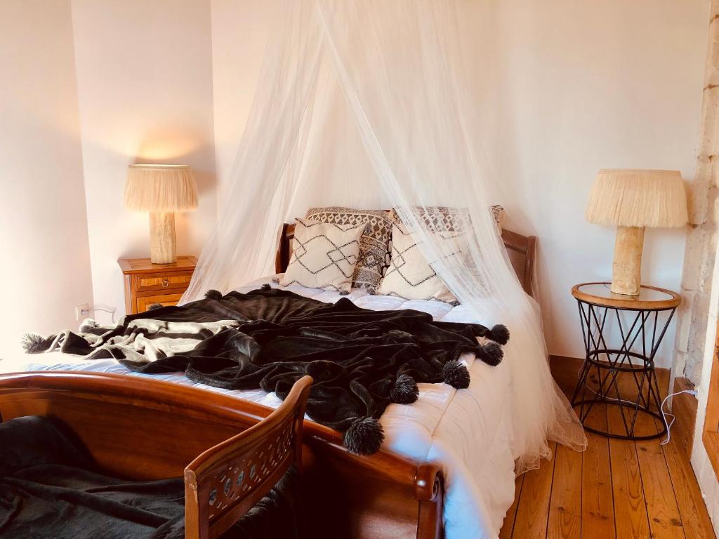 a bedroom with a bed with a mosquito net at Villa Einigriv in Châtelaillon-Plage
