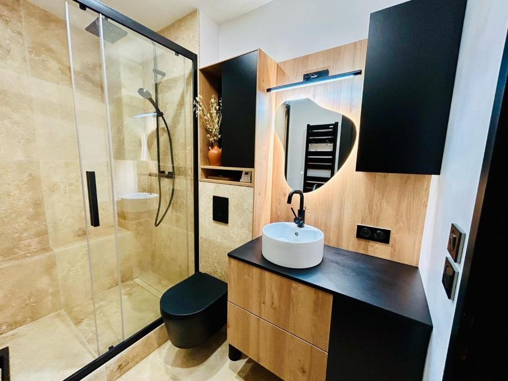 a bathroom with a sink and a shower at Villa Einigriv in Châtelaillon-Plage