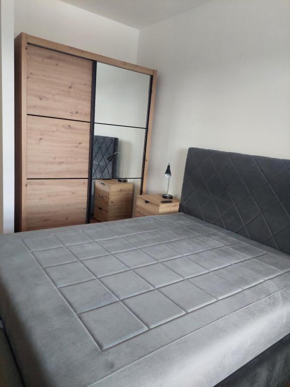 a bedroom with a large bed and a mirror at Jana apartment in Belgrade