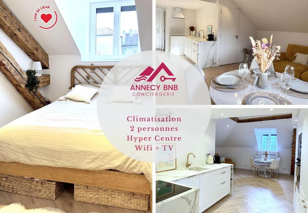 un collage de photos d'une chambre avec un lit dans l'établissement Le Sérénité, T2 Hyper centre, calme et cosy, à Annecy