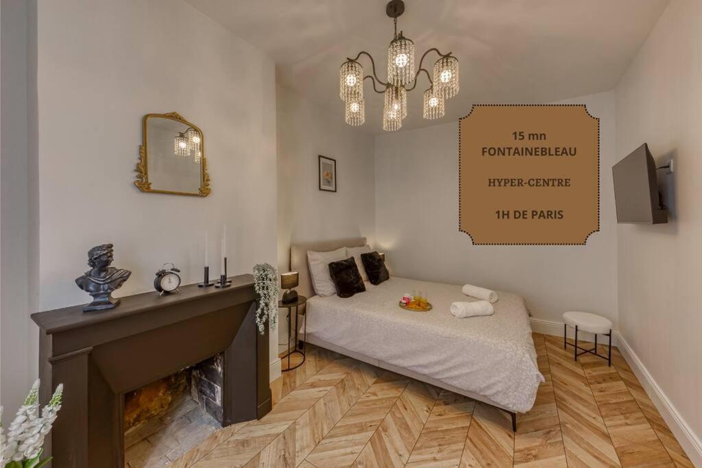 een slaapkamer met een bed, een open haard en een kroonluchter bij Appart luxueux hyper-centre/15mn Fontainebleau in Montereau-faut-Yonne