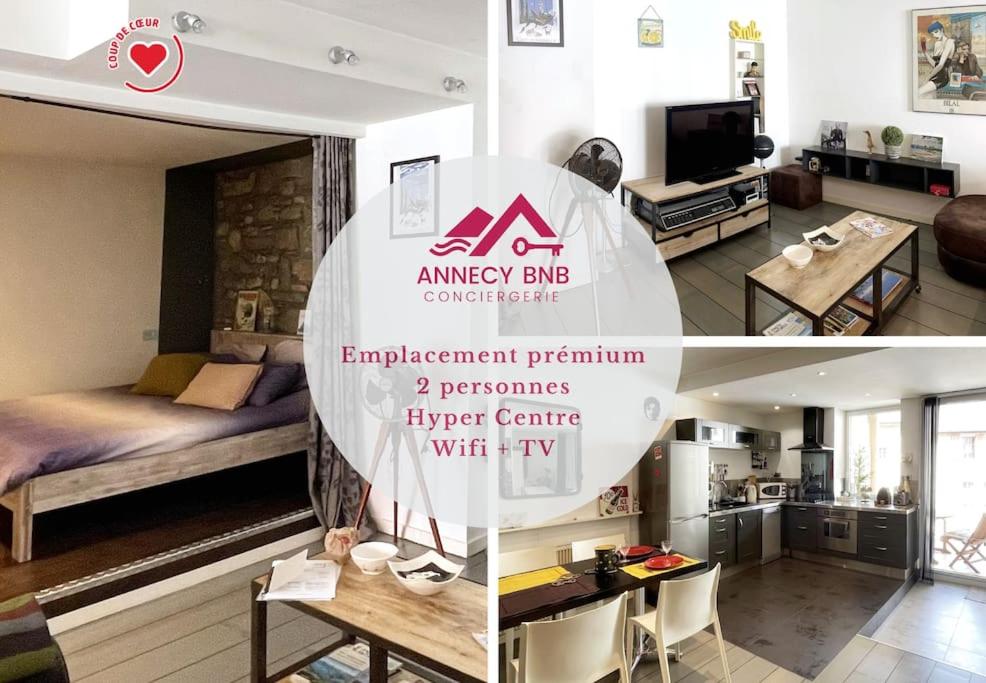 un collage de trois photos d'une chambre et d'un salon dans l'établissement SUR LE THIOU, Cosy 2 pers, en vieille ville, à Annecy