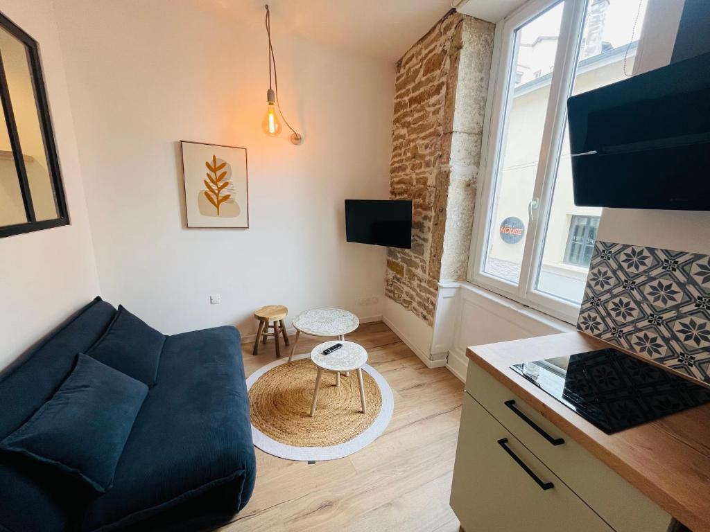 ein Wohnzimmer mit einem Sofa und einem Fenster in der Unterkunft L’appartement lumière in Bourg-en-Bresse