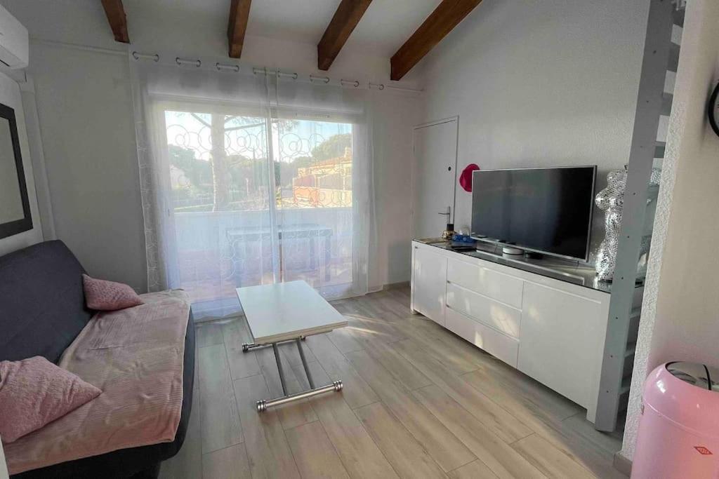 un salon avec un canapé et une télévision à écran plat dans l'établissement Eurêka Le cap d agde T2, au Cap d'Agde