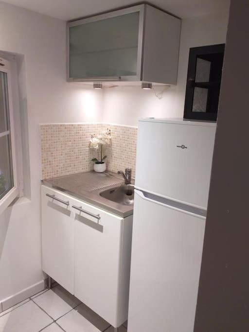 a kitchen with a white refrigerator and a sink at Maisonette avec jardinet sur le bas du Faron in Toulon