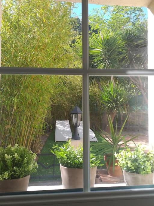 a window view of a garden with potted plants at Maisonette avec jardinet sur le bas du Faron in Toulon