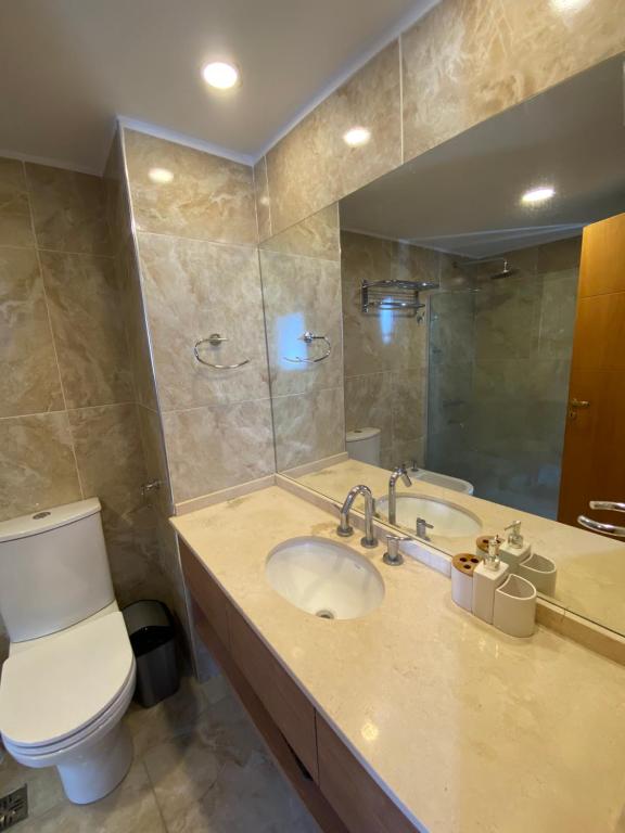 een badkamer met een toilet, een wastafel en een spiegel bij @Bariapart Brand new Apartment in Bariloche