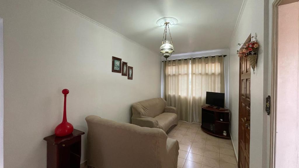 een woonkamer met een stoel en een televisie bij desativado in São Vicente