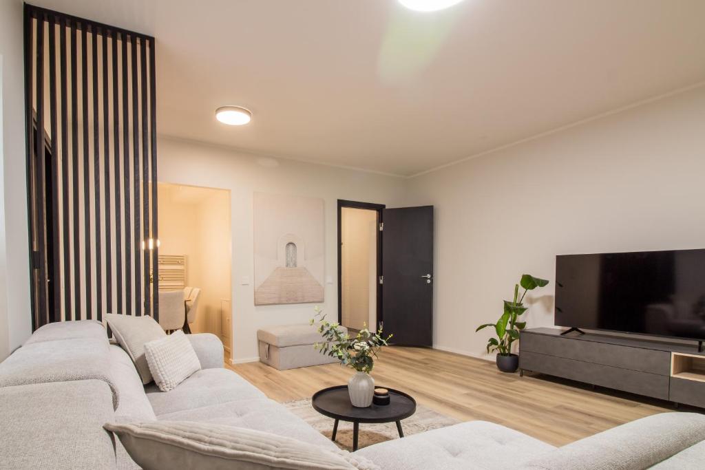 タルトゥにあるOld Town Deluxe Apartmentのリビングルーム(白いソファ2台、テレビ付)