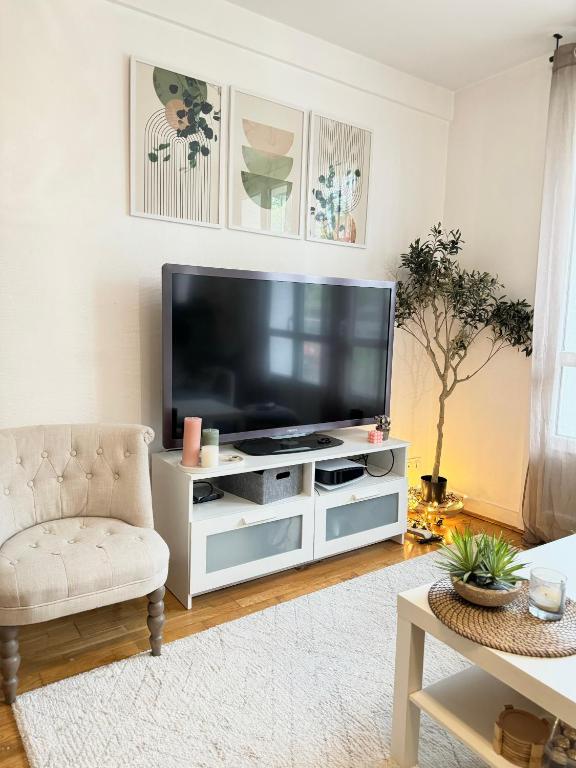 - un salon avec une télévision à écran plat dans un centre de divertissement blanc dans l'établissement Duplex cosy 53m2 pour les JO, à Viroflay