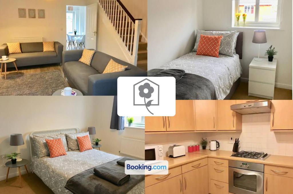 een kamer met 2 bedden en een woonkamer bij Eastleigh House By Your Stay Solutions Short Lets & Serviced Accommodation Southampton With Free Wi-Fi & Close to Airport in Southampton