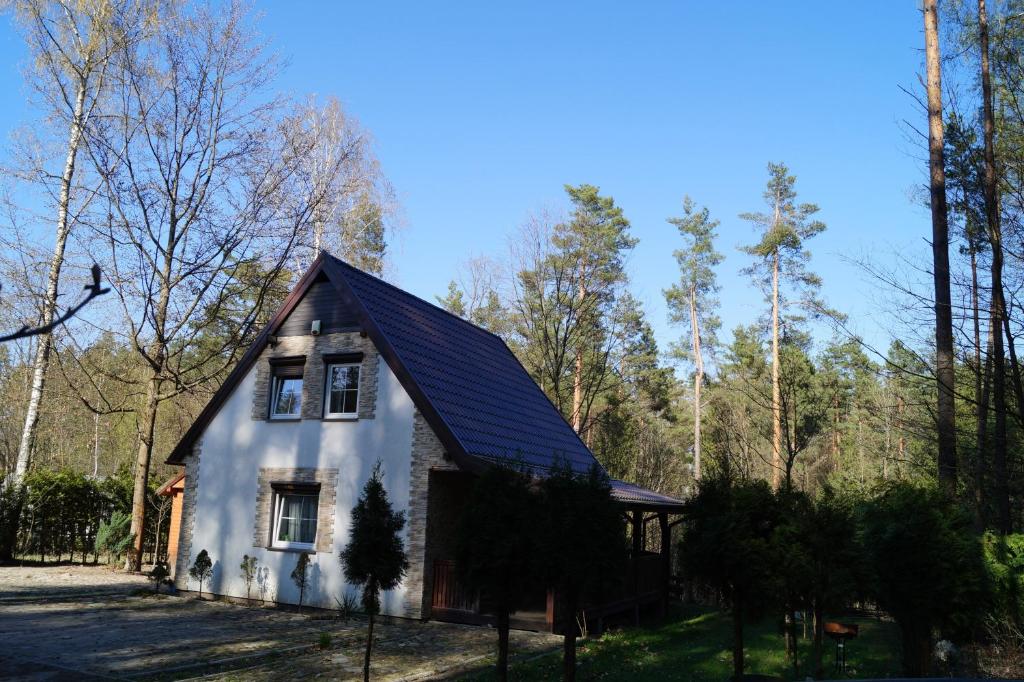 a small white house with a black roof at Uroczy Dom Całroczny W Bogaczewie Nad Jeziorem Narie in Bogaczewo