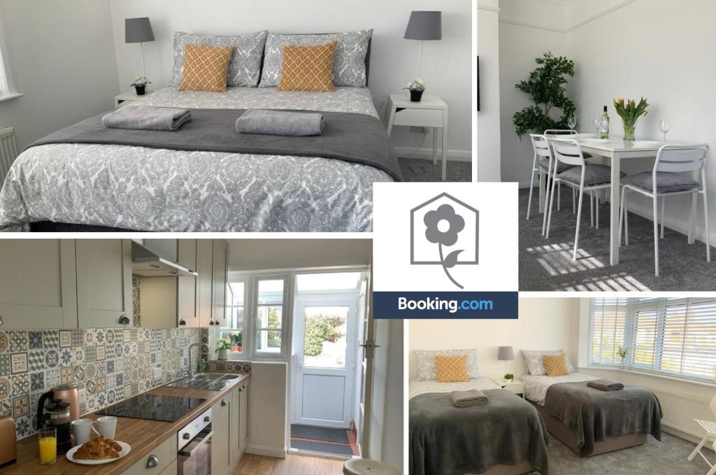 サウサンプトンにある4 Bedroom House By Your Stay Solutions Short Lets & Serviced Accommodation Netley Southampton With Terrace & Gardenのベッド、キッチン、ダイニングルームが備わります。